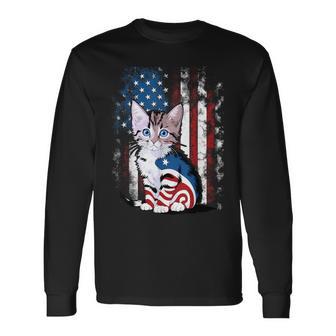 Memorial Day Cat Kitten 4Th Of July Patriotic Usa Flag Long Sleeve T-Shirt - Thegiftio UK