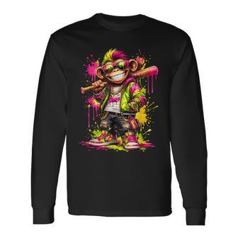 Monkey Baseball Drip Animal Party Sport Cool Graphic Long Sleeve T-Shirt - Thegiftio UK