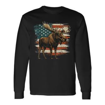 Moose Usa Flag Alaska Wildlife Long Sleeve T-Shirt - Thegiftio UK