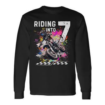 Motocross Birthday 7Th Year Old Riding Into 7 Mx Dirt Bike Long Sleeve T-Shirt - Thegiftio UK