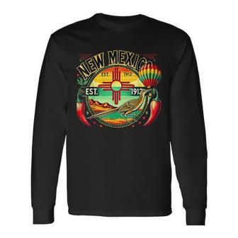 New Mexico Zia Symbol Roadrunner & Chile Peppers Est 1912 Long Sleeve T-Shirt - Thegiftio UK