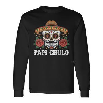 Papi Chulo Mexican Sugar Skull With Roses Cinco De Mayo Long Sleeve T-Shirt - Thegiftio