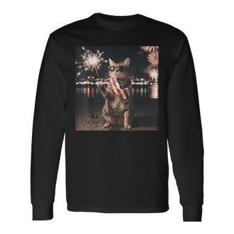 Patriotic Cat American Flag Fireworks 4Th Of July Long Sleeve T-Shirt - Thegiftio UK