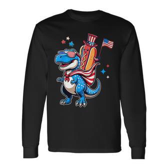 Patriotic Hotdog Riding Dino T-Rex 4Th Of July American Flag Long Sleeve T-Shirt - Thegiftio UK