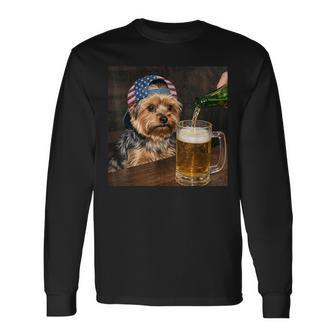 Patriotic Yorkie Drinking Beer Dog Meme Long Sleeve T-Shirt - Thegiftio UK