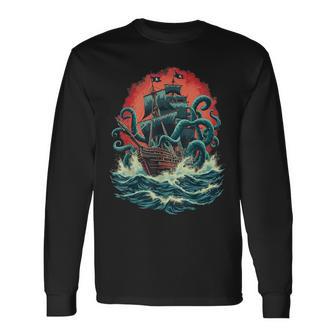 Pirate Ship Kraken Ocean Battle Giant Octopus Sea Monster Long Sleeve T-Shirt - Thegiftio UK