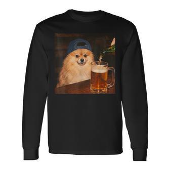 Pomeranian Drinking Beer Fathers Day Dog Meme Long Sleeve T-Shirt | Mazezy
