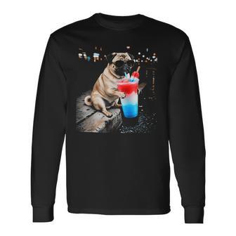 Pug Patriotic Slushie Graphic Pug Drinking Slushie Dog Meme Long Sleeve T-Shirt - Thegiftio UK
