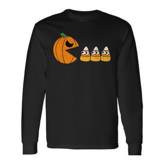 Pumpkin Eating Candy Gamer Halloween Gaming Game Boys Ns Long Sleeve T-Shirt - Monsterry