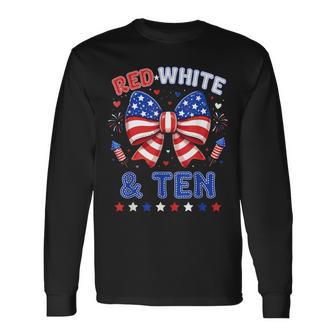 Red White & Ten 4Th Of July 10Th Birthday Patriotic Bow Long Sleeve T-Shirt - Thegiftio UK