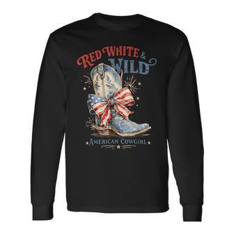 Red White & Wild American Cowgirl Western Boots 4Th Of July Long Sleeve T-Shirt - Thegiftio UK