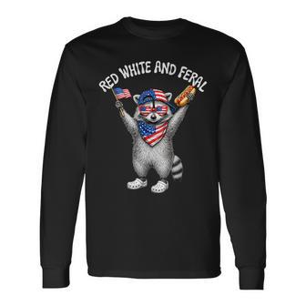 Red White And Feral Raccoon Hotdog American Flag 4Th Of July Long Sleeve T-Shirt - Thegiftio UK