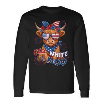 Red White And Moo Highland Cow 4Th July 250 Years Patriotic Long Sleeve T-Shirt - Thegiftio