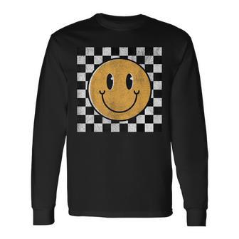 Retro Happy Face Checkerboard – Checkered Pattern Smile Long Sleeve T-Shirt - Thegiftio UK