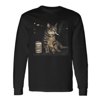 Retro Smoking Cat Silly Cat Meme Vintage Graphic Long Sleeve T-Shirt - Thegiftio UK