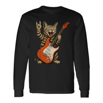 Rock Cat Bass Guitar Cat Vintage Rock N Roll Guitarist Cat Long Sleeve T-Shirt - Thegiftio UK