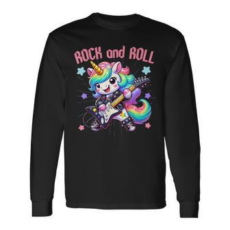 Rockstar Unicorn Playing Rock And Roll Guitar Player Music Long Sleeve T-Shirt | Seseable UK