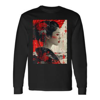 Rojo Negro Geisha Japonesa Kimono Anime Estética Arte Camiseta de manga larga - Regaloses