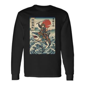 Samurai Cat Riding Shark Japan Long Sleeve T-Shirt - Thegiftio UK