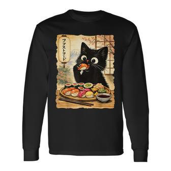 Schwarzeüße Katze Isstushi Kawaii Japanisches Essen Anime Katzen Langarmshirts - Geschenkecke