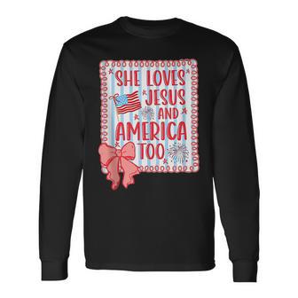 She Loves Jesus And America Too Faith Flag Fireworks Bow Long Sleeve T-Shirt - Thegiftio UK