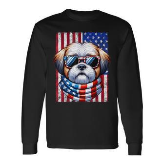 Shih Tzu Wearing American Flag 4Th Of July Patriotic Dog Long Sleeve T-Shirt - Thegiftio UK