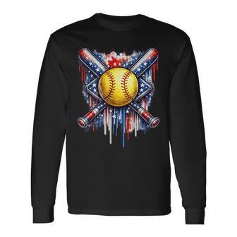 Softball Drip Ice Cream American Flag 4Th Of July Long Sleeve T-Shirt - Thegiftio UK
