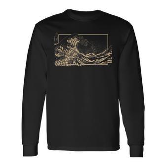 Tan Great Wave Off Kanagawa Tan Color Graphic Long Sleeve T-Shirt - Monsterry