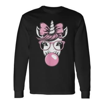 Unicorn Wearing Glasses And Blowing Pink Bubble Gum Long Sleeve T-Shirt - Thegiftio UK