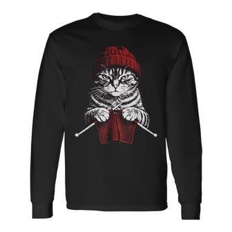 Vintage Knitting Cat Crochet Yarn Lover Cute Cat Long Sleeve T-Shirt - Thegiftio UK