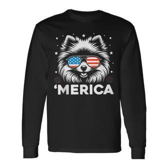 Vintage Pomeranian Dog Merica Patriotic Usa Flag 4Th Of July Long Sleeve T-Shirt - Thegiftio UK