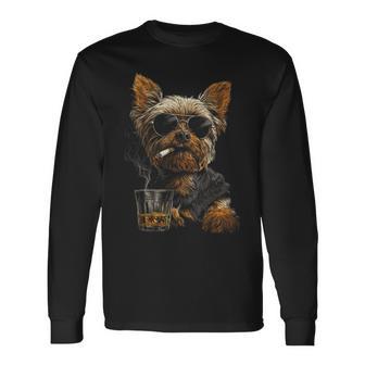 Yorkshire Terrier Smoking Cigarette Whisky Lover Dog Long Sleeve T-Shirt - Thegiftio UK