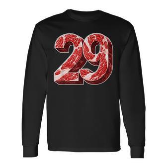 「29」肉 にく ニク 豚肉 牛肉 食べ物 肉食 ダジャレ 美食 焼肉 29 二九 ケトジェニック・ダイエット 数字 長袖Tシャツ - Kawaiitshirt