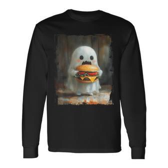 かわいい ハンバーガー おばけ 食べる ハンバーガー ハロウィン 食べ物 恋人 長袖Tシャツ - Kawaiitshirt