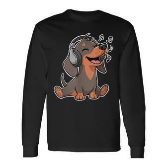 かわいいダックスフント音楽愛好家ヘッドフォン 長袖Tシャツ - Kawaiitshirt