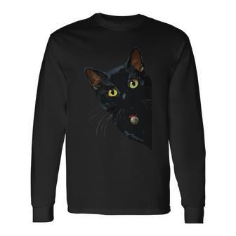 こっそり猫 物陰からじっと見つめる黒猫デザイン 長袖tシャツ 長袖Tシャツ - Kawaiitshirt