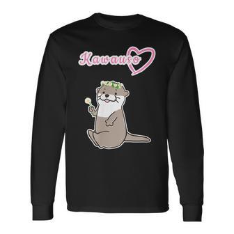 ゆるカワウソさん まるくん『おはなの かんむり』コツメカワウソ かわいい イラスト 長袖Tシャツ - Kawaiitshirt