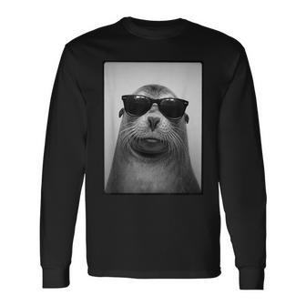 アシカ サングラス フォトブース レトロ 動物 アザラシ ポートレート 長袖Tシャツ - Kawaiitshirt
