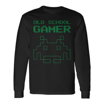オールドビンテージスクールゲーマー-レトロスペースエイリアンインベーダー 長袖Tシャツ - Kawaiitshirt