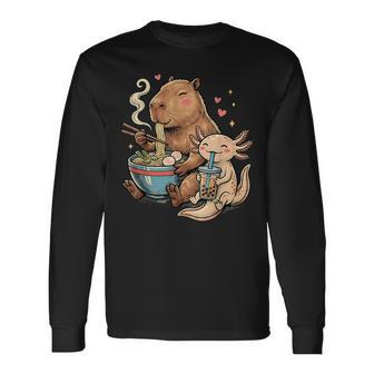 カピバラ×ウーパールーパー ラーメン&タピオカ かわいい 長袖Tシャツ - Kawaiitshirt