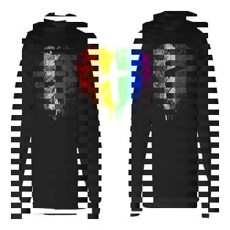 クロスのあるレインボー ハート、キリスト教の宗教的なゲイ プライド 長袖Tシャツ - Kawaiitshirt