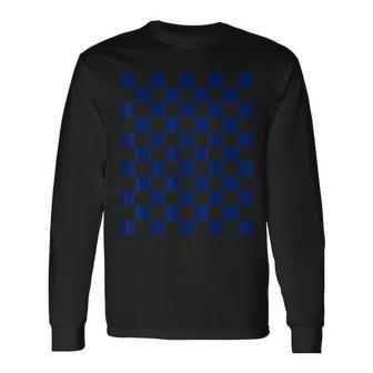 クールネイビーブルー、市松模様、市松 長袖Tシャツ - Kawaiitshirt