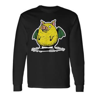 コウモリの翼を持つ空飛ぶブタのユーモアアート 長袖Tシャツ - Kawaiitshirt