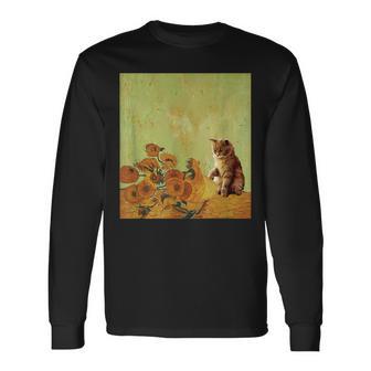 ゴッホ ひまわり おもしろい 猫 アート 絵画 長袖Tシャツ - Kawaiitshirt