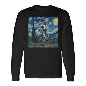 ゴッホ 星月夜 未来アート 面白い ロボット ウォーキング 長袖Tシャツ - Kawaiitshirt