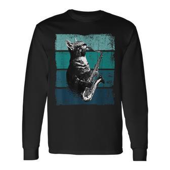 サックスを奏でる猫 ヴィンテージ 猫 ジャズ サックス 音楽 サックス 長袖Tシャツ - Kawaiitshirt
