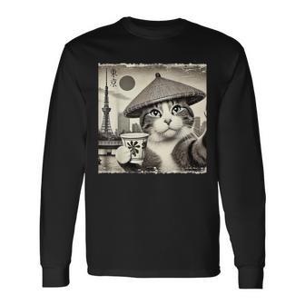 サムライ 猫 すすり茶 東京タワー 和 長袖Tシャツ - Kawaiitshirt