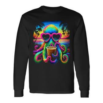 サングラス アイスコーヒー ビーチ 夏 トロピカル タコ 長袖Tシャツ - Kawaiitshirt