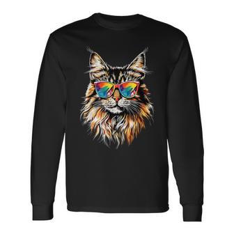 サングラスをかけたメインクーン猫 かわいいメインクーン猫 長袖Tシャツ - Kawaiitshirt