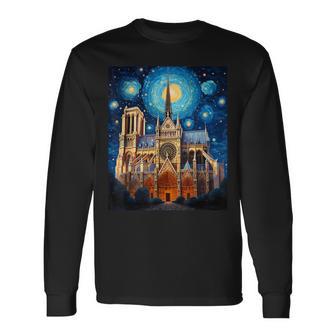 シュールレアリスム 星月夜 ノートルダム大聖堂 長袖Tシャツ - Kawaiitshirt